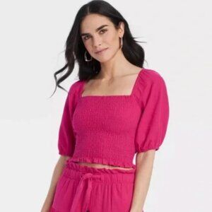 Hot Pink Cropped Shirred Puff Sleeve top - Medium